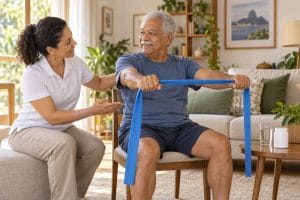 Pessoa idosa realizando exercício orientado em casa enquanto conversa com uma profissional sobre creatina e cuidados com a saúde.